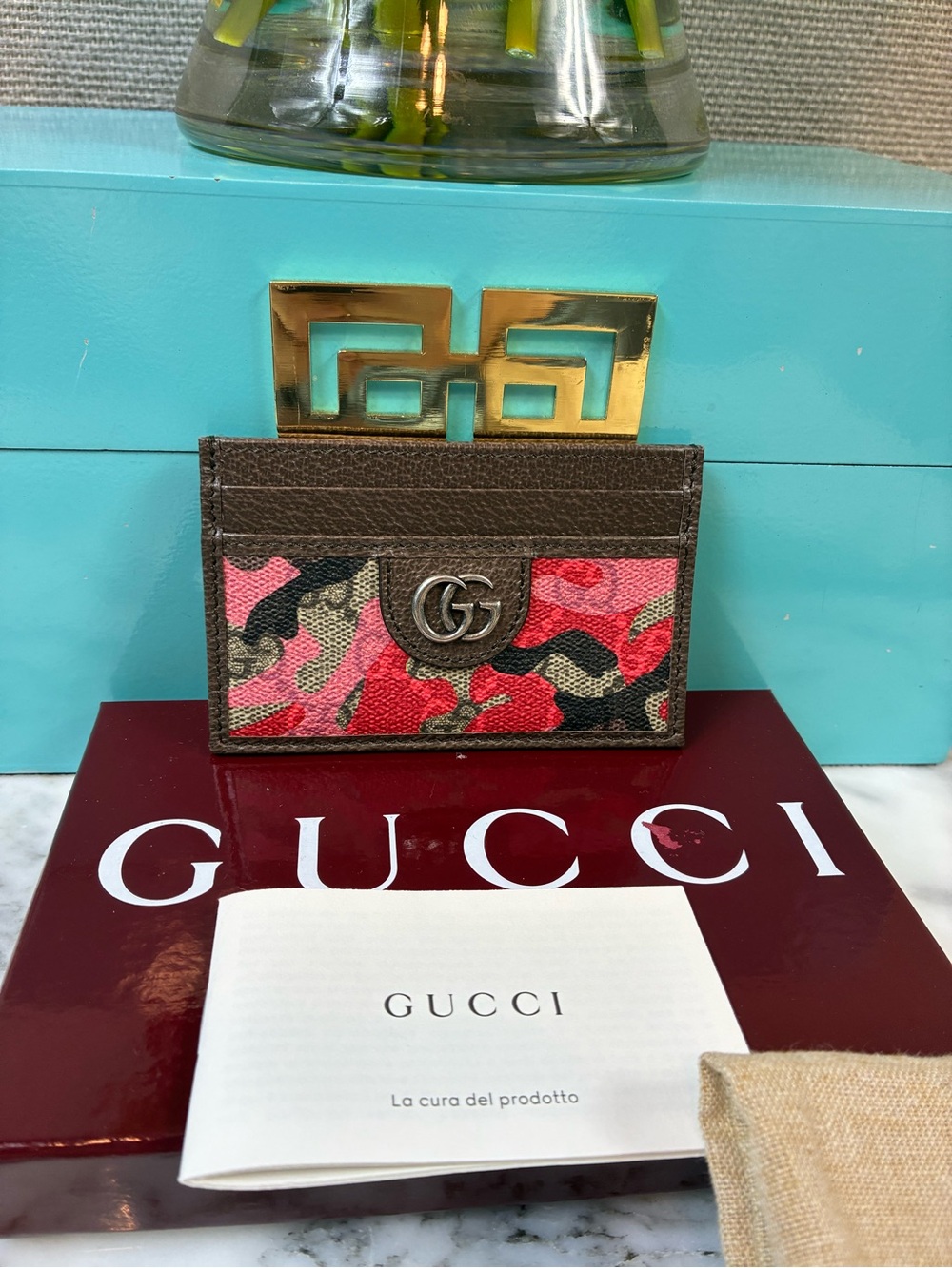 Gucci Camouflage Red and Pink Canvas & Leather Card Case - NWOT w/ Box